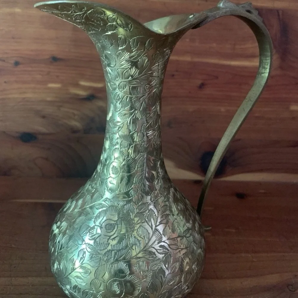 Vintage Etched India Brass 7” Pitcher - Picture 7 of 11